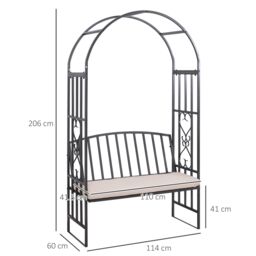 OUTSUNNY Garden Arbor Arch Metal Bench Padded Seat Outdoor Decoration Patio in Dark Grey - Size: 2 Seater - thumbnail 3