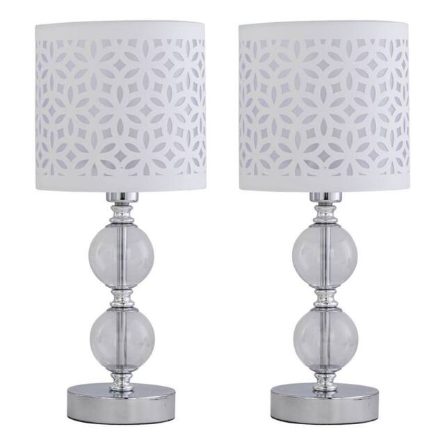 First Choice Lighting Set of 2 Chrome Two Ball Table Lamps with White Cut Out Shades in Silver - image 1