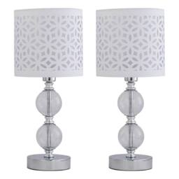 First Choice Lighting Set of 2 Chrome Two Ball Table Lamps with White Cut Out Shades in Silver - thumbnail 1