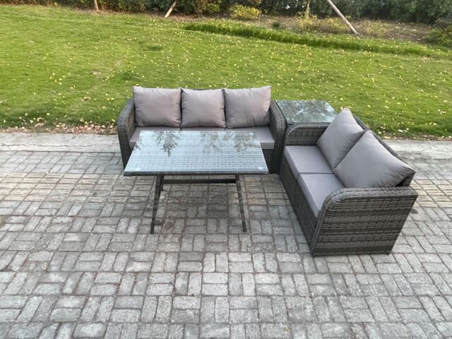 Fimous High Back PE Rattan Sofa Set Outdoor Garden Furniture Dining Table Set Love Sofa 3 Seater Sofa Side Table in Dark Grey - image 1
