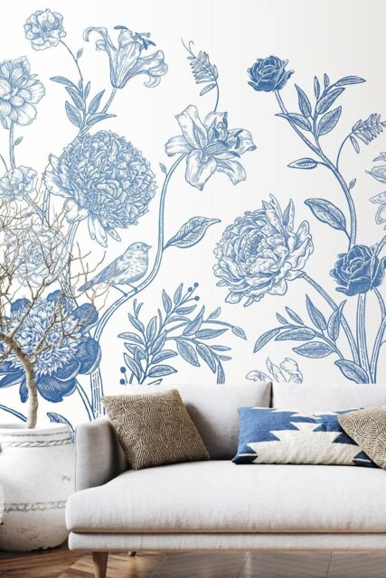 Origin Murals Jacobean Rose Trail Wall Mural in Blue - Size: W350 cm x H280 cm - image 1