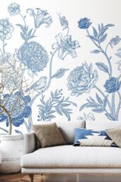 Origin Murals Jacobean Rose Trail Wall Mural in Blue - Size: W350 cm x H280 cm - thumbnail 1