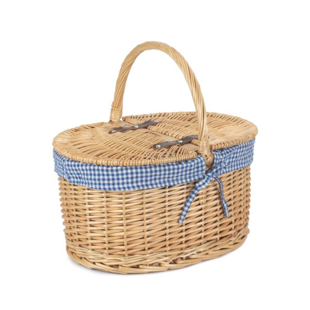 Red Hamper Wicker Blue Check Lining Oval Picnic Basket in Brown - image 1
