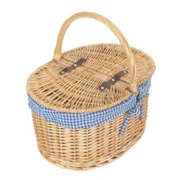 Red Hamper Wicker Blue Check Lining Oval Picnic Basket in Brown - thumbnail 2