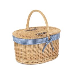 Red Hamper Wicker Blue Check Lining Oval Picnic Basket in Brown - thumbnail 1