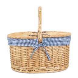 Red Hamper Wicker Blue Check Lining Oval Picnic Basket in Brown - thumbnail 3