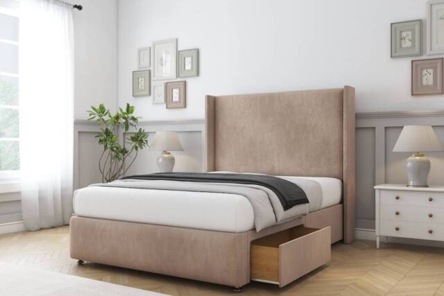 "Comfort Beds Ayla Naples Divan Base 2 Drawers - 54"" Wingback-Footboard in Light Brown - Size: Small Double" - image 1