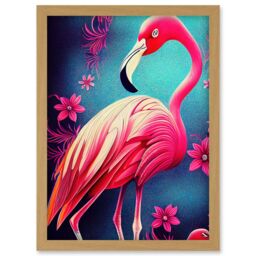 Artery8 Vibrant Flamingo Illustration With Pink Florals Flowers Artwork Framed Wall Art Print A4 in Light Oak - thumbnail 1