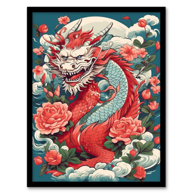 Artery8 Wall Art Print Fantasy Horned Dragon Flowers Clouds Scales 2024 China Year Of The Dragon Art Framed in Red - Size: A4 - image 1