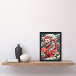 Artery8 Wall Art Print Fantasy Horned Dragon Flowers Clouds Scales 2024 China Year Of The Dragon Art Framed in Red - Size: A4 - thumbnail 4