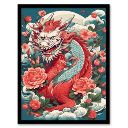 Artery8 Wall Art Print Fantasy Horned Dragon Flowers Clouds Scales 2024 China Year Of The Dragon Art Framed in Red - Size: A4 - thumbnail 1