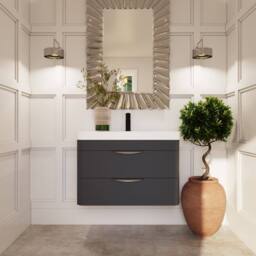 Balterley Wave 800mm Wall Hung 2 Drawer & Thin-Edge Ceramic Basin - Dark Grey - thumbnail 2