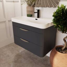 Balterley Wave 800mm Wall Hung 2 Drawer & Thin-Edge Ceramic Basin - Dark Grey - thumbnail 4