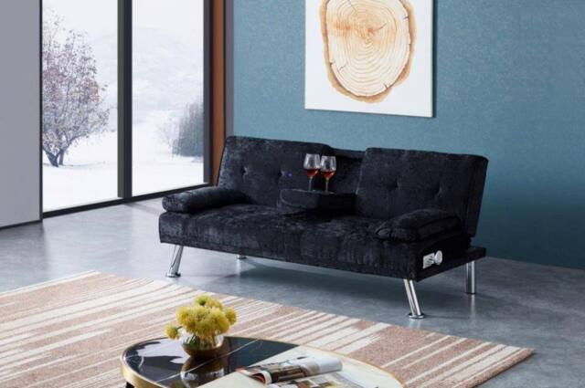 Comfy Living Ltd Crushed Velvet Italian Style Luxury Sofa Bed with Drink Cup Holder in Black