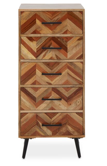 Orsina Five Drawer Mango Wood Chest, Contemporary Storage Cabinet With Black Iron Legs, Tallboy Chest Of Drawers in Natural - image 1