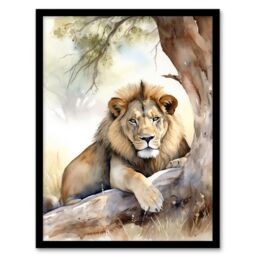 Artery8 Majestic Lion African Savannah Watercolour Africa Artwork Framed Wall Art Print A4 in Black - thumbnail 1
