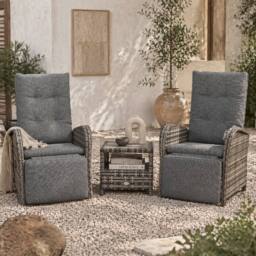 Wyld Haus Elcoto 2 Seater Reclining Rattan Chaise Lounge Set Brown Wicker Grey - thumbnail 1