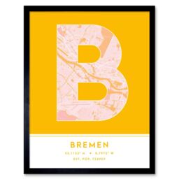 "Wee Blue Coo Wall Art Print Bremen Germany City Map Modern Typography Stylish Letter Framed Word in Yellow - Size: W12"" x H16""" - thumbnail 1