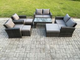 Fimous 9 Seater Dark Grey Mixed High Back Rattan Sofa Set Coffee Table Garden Furniture Outdoor Patio With Love Sofa Arm Chairs 3 Footstools - thumbnail 1