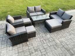 Fimous 9 Seater Dark Grey Mixed High Back Rattan Sofa Set Coffee Table Garden Furniture Outdoor Patio With Love Sofa Arm Chairs 3 Footstools - thumbnail 2