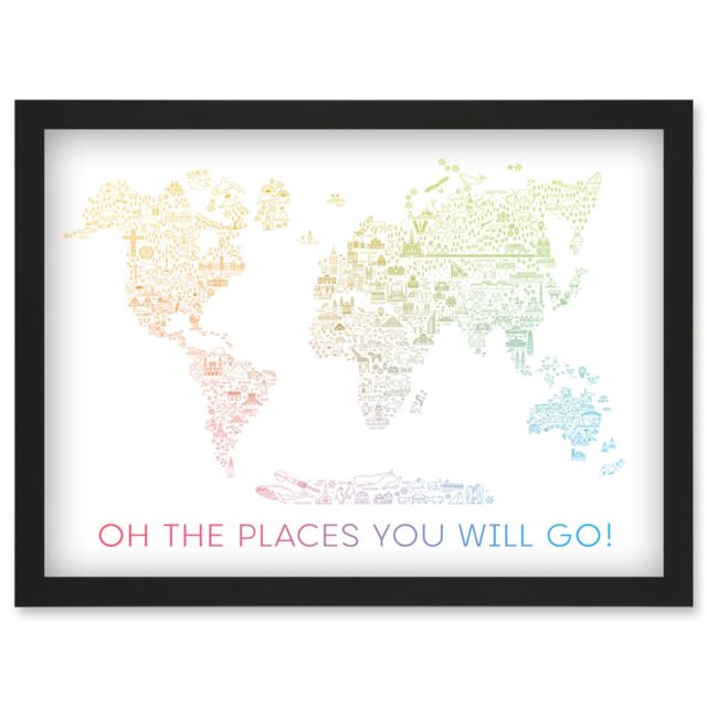 Artery8 World Travel Landmark Line Map Oh The Places You Will Go Rainbow White Artwork Framed Wall Art Print A4 in Black - image 1