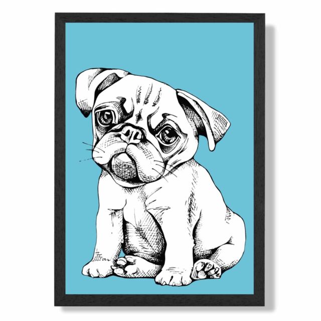 ARTZE Sketch Pug Dog on Bright Blue Framed Print SIZE: A3 with Black Frame - Size: A4 - image 1