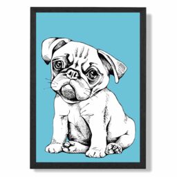 ARTZE Sketch Pug Dog on Bright Blue Framed Print SIZE: A3 with Black Frame - Size: A4 - thumbnail 1