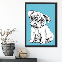 ARTZE Sketch Pug Dog on Bright Blue Framed Print SIZE: A3 with Black Frame - Size: A4 - thumbnail 2