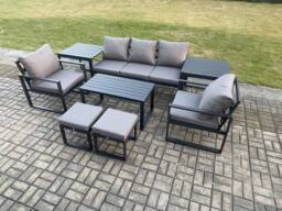 Fimous Aluminium Patio Outdoor Furniture Set 8 Pcs Garden Sofa with Oblong Coffee Table 2 Small Footstools 2 Armchairs 2 Side Tables Dark Grey - thumbnail 2