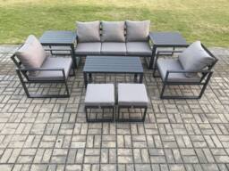 Fimous Aluminium Patio Outdoor Furniture Set 8 Pcs Garden Sofa with Oblong Coffee Table 2 Small Footstools 2 Armchairs 2 Side Tables Dark Grey - thumbnail 1