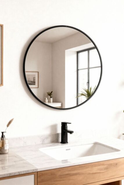 Living and Home 40cm Black Round Bathroom Mirror, Anti-Fog & Explosion-Proof Aluminium Frame