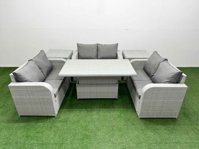 Fimous 6 Seater PE Wicker Rattan Furniture Sofa Sets with Adjustable Lifting Dining or Coffee Table 2 Seater Love Sofa 2 Side Table Light Grey - image 1