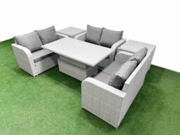 Fimous 6 Seater PE Wicker Rattan Furniture Sofa Sets with Adjustable Lifting Dining or Coffee Table 2 Seater Love Sofa 2 Side Table Light Grey - thumbnail 2