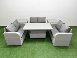 Fimous 6 Seater PE Wicker Rattan Furniture Sofa Sets with Adjustable Lifting Dining or Coffee Table 2 Seater Love Sofa 2 Side Table Light Grey - thumbnail 1