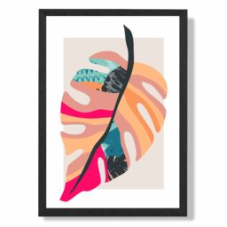 ARTZE Tropical Monstera Blue & Pink Boho Botanical Framed Print SIZE: A2 with Black Frame in Mid Blue - Size: A4 - thumbnail 1