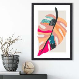 ARTZE Tropical Monstera Blue & Pink Boho Botanical Framed Print SIZE: A2 with Black Frame in Mid Blue - Size: A4 - thumbnail 2