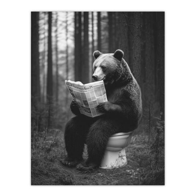 "Artery8 Grizzly Bear Toilet Newspaper Black White Forest Wall Art Print - Size: W24"" x H32""" - image 1