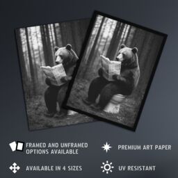 "Artery8 Grizzly Bear Toilet Newspaper Black White Forest Wall Art Print - Size: W24"" x H32""" - thumbnail 2