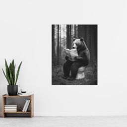 "Artery8 Grizzly Bear Toilet Newspaper Black White Forest Wall Art Print - Size: W24"" x H32""" - thumbnail 4