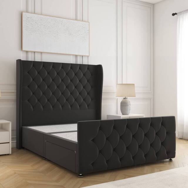 "BSSPOKE Anna Divan Bed Plush Velvet 54"" Headboard & No Mattress No Drawers in Black - Size: Small Double" - image 1