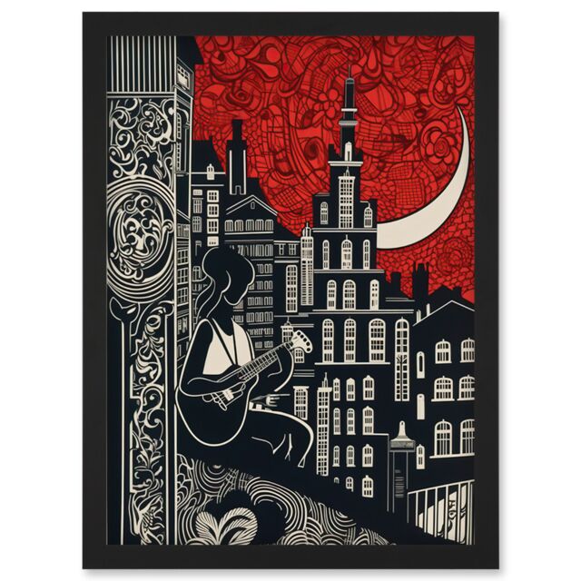 Artery8 Street Musician Guitarist in Edinburgh Cityscape Artwork Framed Wall Art Print A4 in Black - image 1