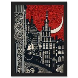 Artery8 Street Musician Guitarist in Edinburgh Cityscape Artwork Framed Wall Art Print A4 in Black - thumbnail 1