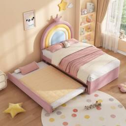 Matteo Rainbow Upholstered Single Bed Frame With Trundle - Pink Velvet - thumbnail 2