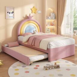 Matteo Rainbow Upholstered Single Bed Frame With Trundle - Pink Velvet