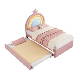 Matteo Rainbow Upholstered Single Bed Frame With Trundle - Pink Velvet - thumbnail 6