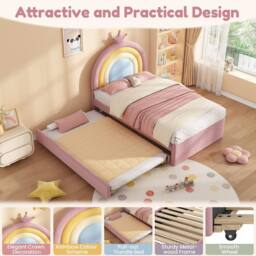 Matteo Rainbow Upholstered Single Bed Frame With Trundle - Pink Velvet - thumbnail 4