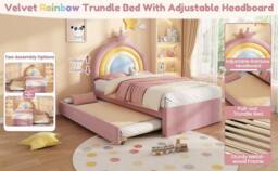 Matteo Rainbow Upholstered Single Bed Frame With Trundle - Pink Velvet - thumbnail 7