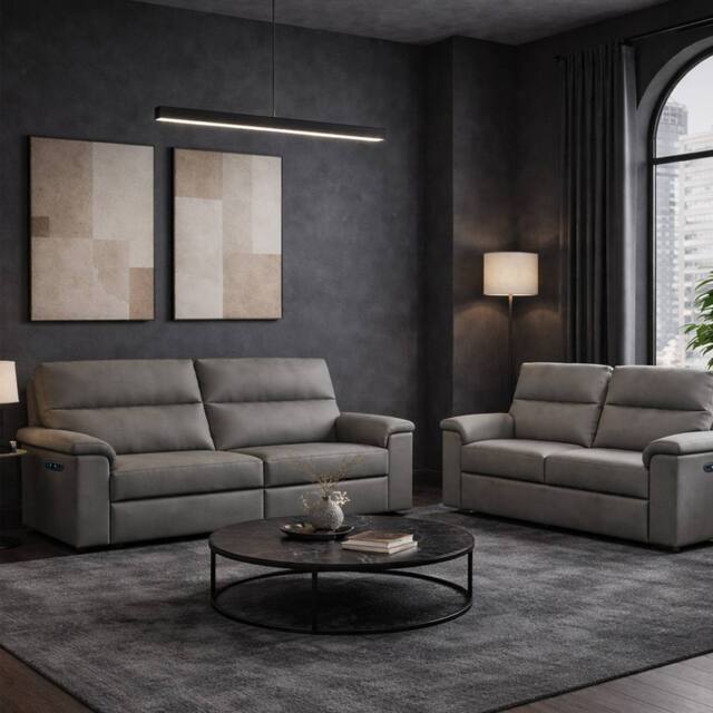 Aspire Marlowe Real Leather Power Recliner 3+2 Sofa Set with USB Charging in Grey - image 1