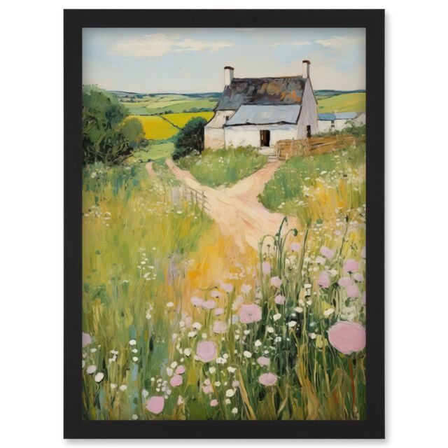 Artery8 Wall Art Print Country Farmhouse Cottage Scene Traditional Landscape Oil Painting Meadows Countryside Summer Artwork Framed A4 in Black - image 1