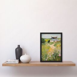 Artery8 Wall Art Print Country Farmhouse Cottage Scene Traditional Landscape Oil Painting Meadows Countryside Summer Artwork Framed A4 in Black - thumbnail 2